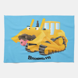 Cute lustig gult bulldozer tecknade figurer kökshandduk