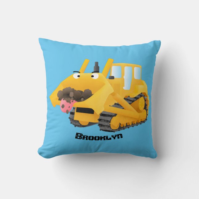 Cute lustig gult bulldozer tecknade figurer kudde (Framsida)