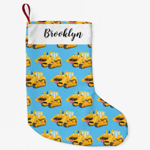 Cute lustig gult bulldozer tecknade figurer liten julstrumpa