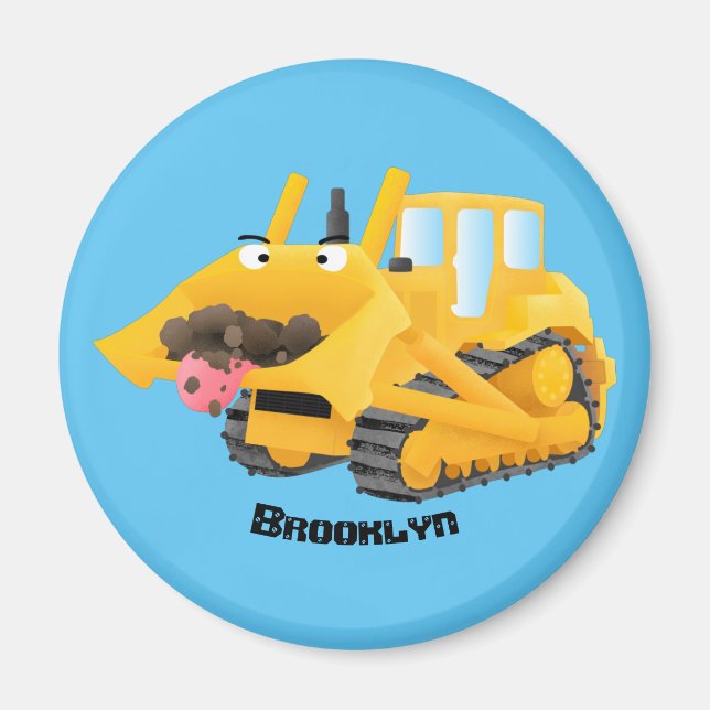 Cute lustig gult bulldozer tecknade figurer magnet (Framsidan)
