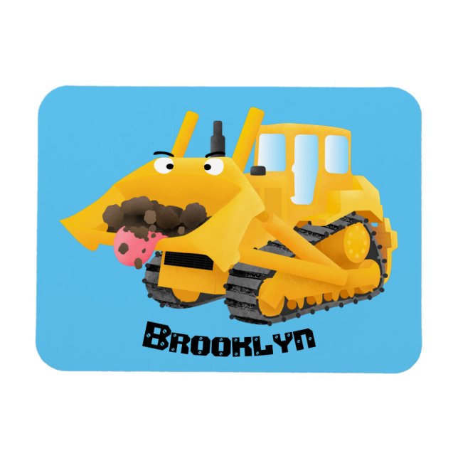 Cute lustig gult bulldozer tecknade figurer magnet (Horisontell)