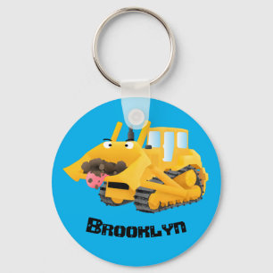 Cute lustig gult bulldozer tecknade figurer nyckelring