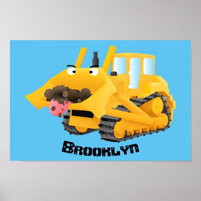 Cute lustig gult bulldozer tecknade figurer poster (Framsidan)