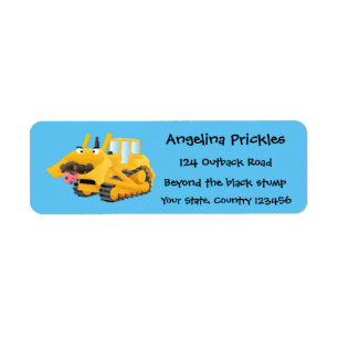 Cute lustig gult bulldozer tecknade figurer returadress etikett
