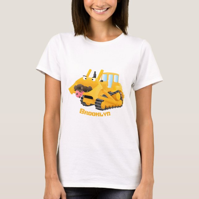 Cute lustig gult bulldozer tecknade figurer t shirt (Framsida)