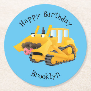 Cute lustig gult bulldozer tecknade figurer underlägg papper rund