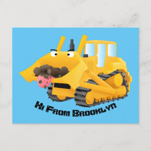 Cute lustig gult bulldozer tecknade figurer vykort