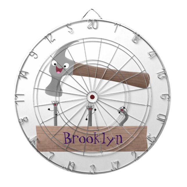 Cute, lustig hammare och nagel tecknad illustratio darttavla (Framsidan)