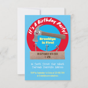 Cute, lustig hammare och nagel tecknad illustratio inbjudningar