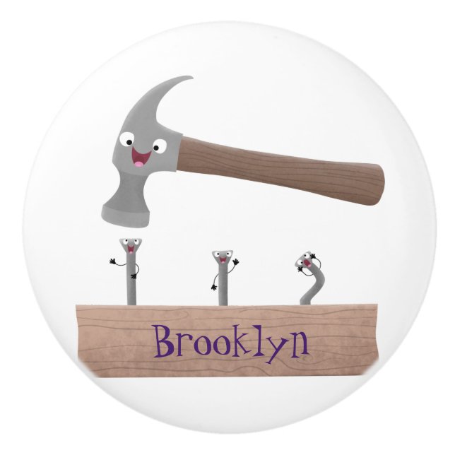 Cute, lustig hammare och nagel tecknad illustratio knopp (Framsidan)