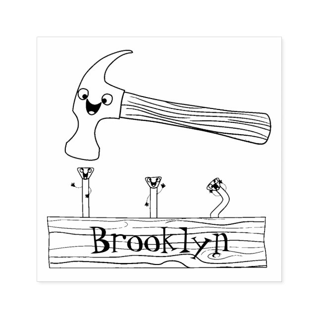 Cute, lustig hammare och nagel tecknad illustratio stämpel (Tryck)