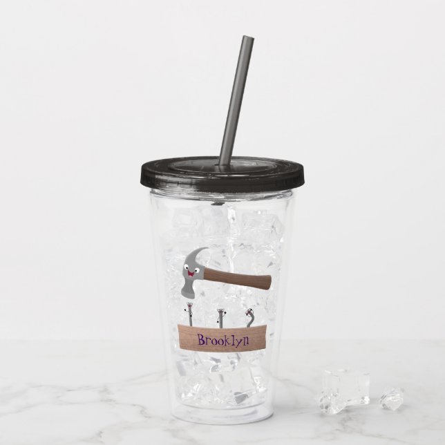 Cute, lustig hammare och nagel tecknad illustratio take away mugg (Baksida Ice)