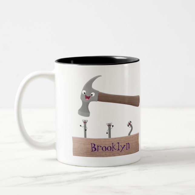 Cute, lustig hammare och nagel tecknad illustratio Två-Tonad mugg (Vänster)