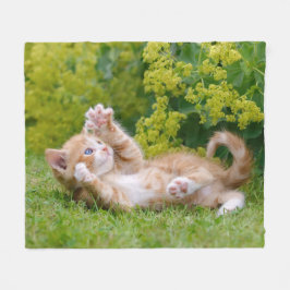 Cute lustig kattunge som leker i en blomsterträdgå fleecefilt
