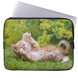 Cute lustig kattunge som leker i en blomsterträdgå laptop fodral