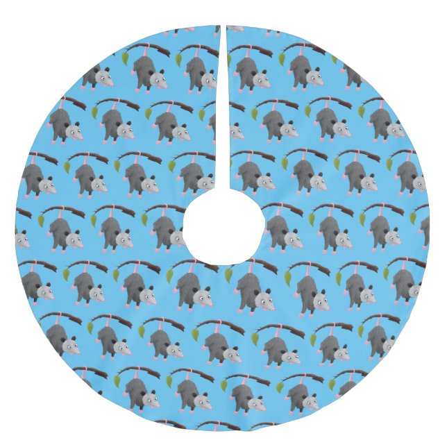 Cute lustig opossum hängande från gren tecknad julgransmatta borstad polyester (Framsidan)