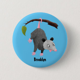 Cute lustig opossum hängande från gren tecknad knapp