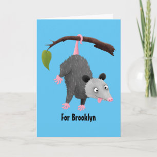 Cute lustig opossum hängande från gren tecknad kort