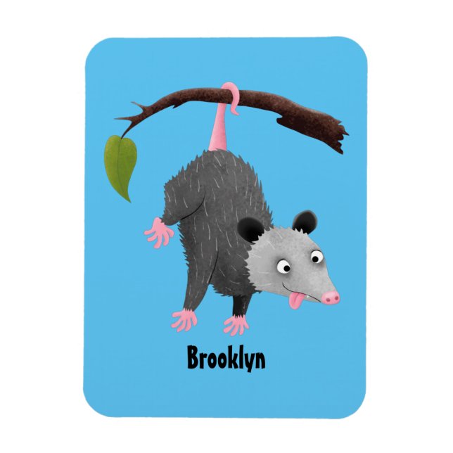 Cute lustig opossum hängande från gren tecknad magnet (Vertikal)