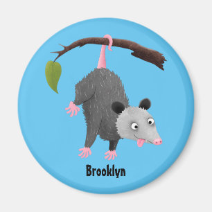 Cute lustig opossum hängande från gren tecknad magnet
