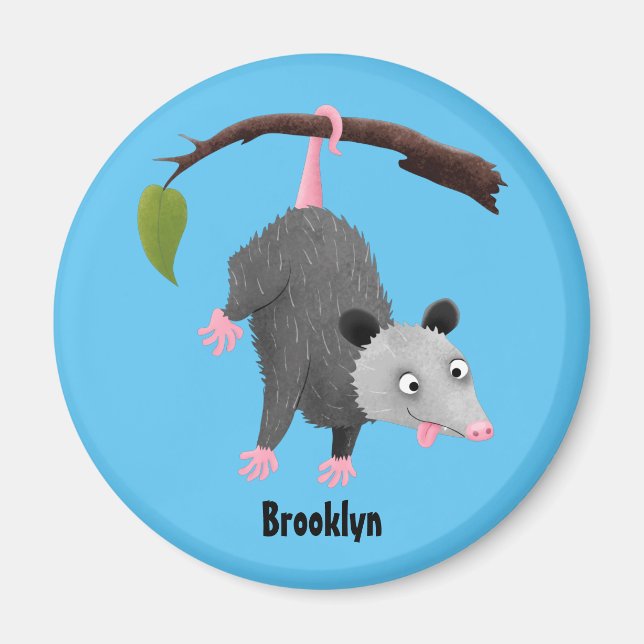 Cute lustig opossum hängande från gren tecknad magnet (Framsidan)