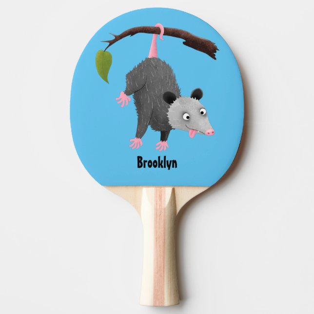 Cute lustig opossum hängande från gren tecknad pingisracket (Framsidan)