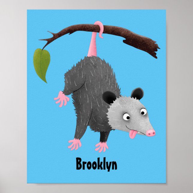 Cute lustig opossum hängande från gren tecknad poster (Framsidan)