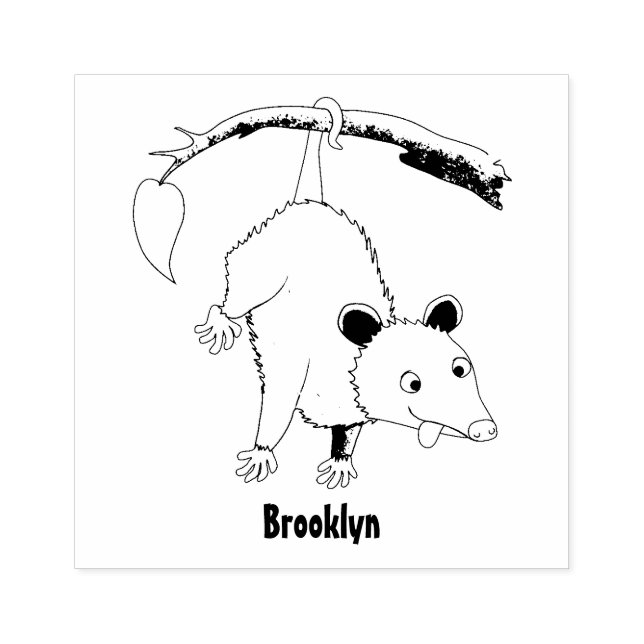 Cute lustig opossum hängande från gren tecknad stämpel (Tryck)