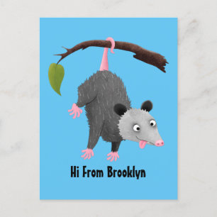 Cute lustig opossum hängande från gren tecknad vykort