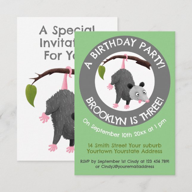 Cute lustig opossum personlig tecknad födelsedag inbjudningar (Fram/baksida)