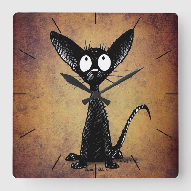 Cute lustig tecknad svart katt stor klocka (Framsida)