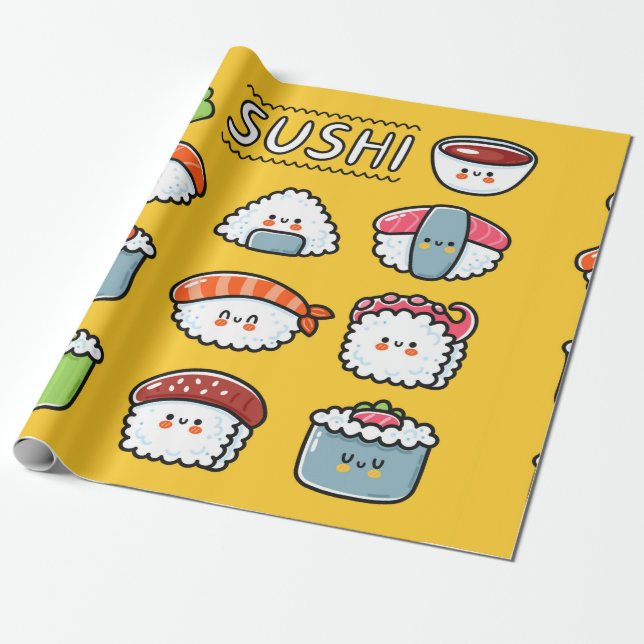 Cute lustigt lycklig sushi maki rollar utan teckna presentpapper (Utrullad)