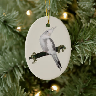 Cute Lutino Cockatiel Bird Ivy Perch Julgransprydnad Keramik