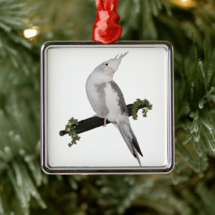 Cute Lutino Cockatiel Bird Ivy Perch Julgransprydnad Metall