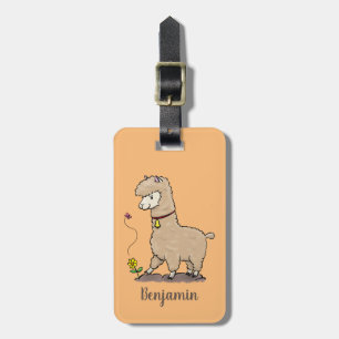 Cute lycklig alpaca med fjärilspinnar tecknad bagagebricka