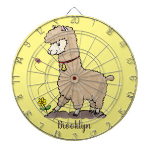 Cute lycklig alpaca med fjärilspinnar tecknad darttavla