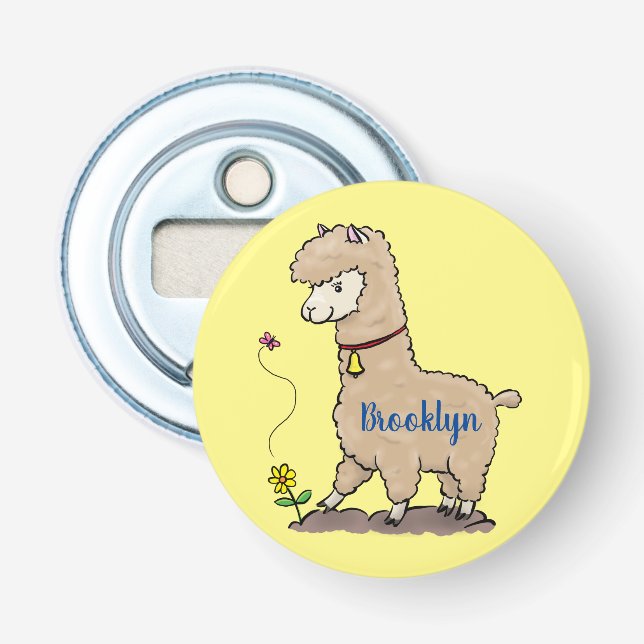 Cute lycklig alpaca med fjärilspinnar tecknad flasköppnare (Framsidan)