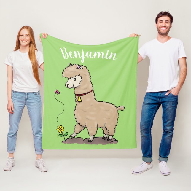Cute lycklig alpaca med fjärilspinnar tecknad fleecefilt (På plats)