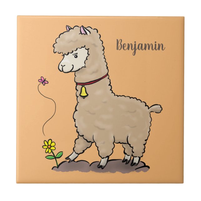 Cute lycklig alpaca med fjärilspinnar tecknad kakelplatta (Framsidan)
