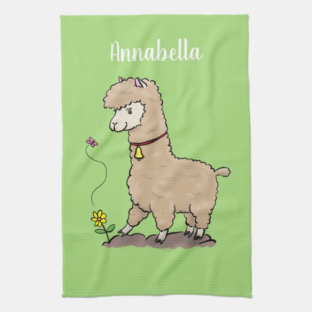 Cute lycklig alpaca med fjärilspinnar tecknad kökshandduk (Vertikal)