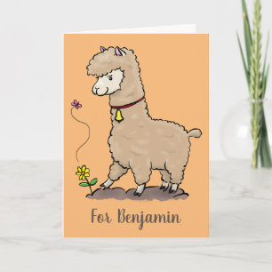 Cute lycklig alpaca med fjärilspinnar tecknad kort