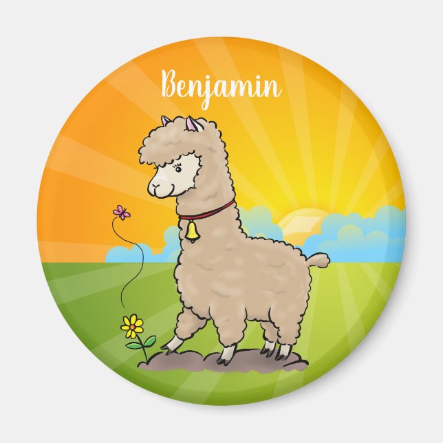 Cute lycklig alpaca med fjärilspinnar tecknad magnet (Framsidan)