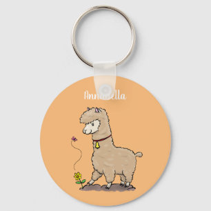 Cute lycklig alpaca med fjärilspinnar tecknad nyckelring