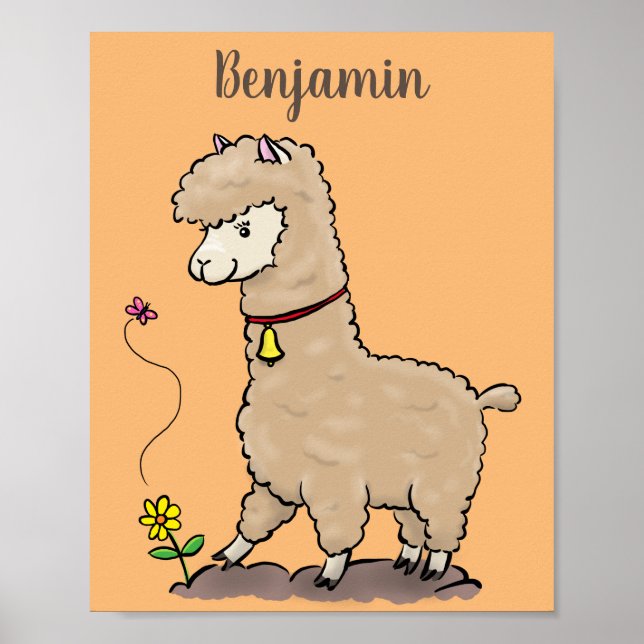 Cute lycklig alpaca med fjärilspinnar tecknad poster (Framsidan)