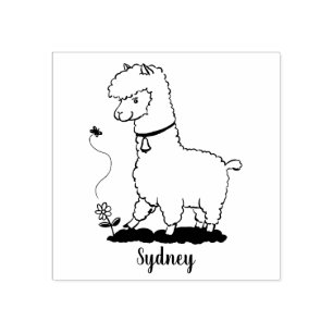 Cute lycklig alpaca med fjärilspinnar tecknad stämpel