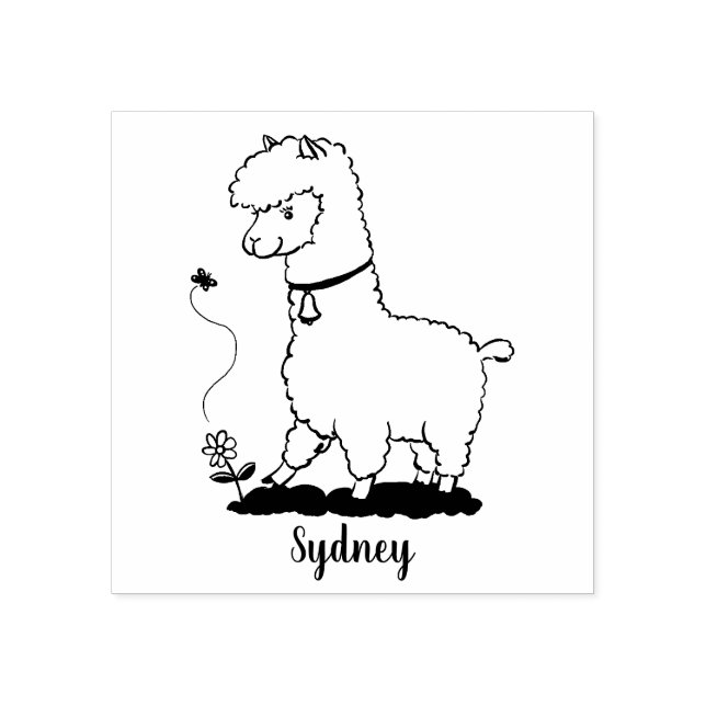 Cute lycklig alpaca med fjärilspinnar tecknad stämpel (Tryck)