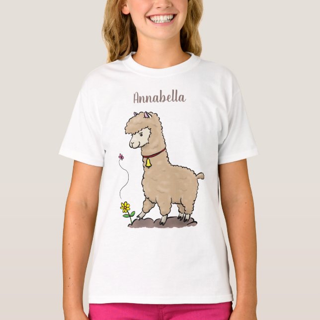 Cute lycklig alpaca med fjärilspinnar tecknad t shirt (Framsida)