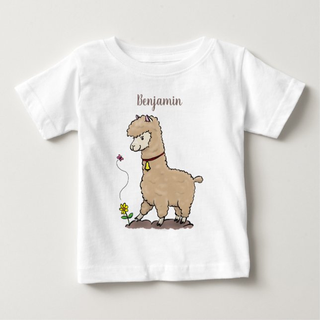 Cute lycklig alpaca med fjärilspinnar tecknad t shirt (Framsida)