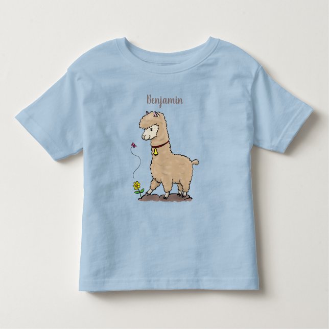 Cute lycklig alpaca med fjärilspinnar tecknad t shirt (Framsida)