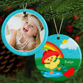 Cute Lycklig Anka i Rain med Rainbow Anpassningsba Julgransprydnad Keramik